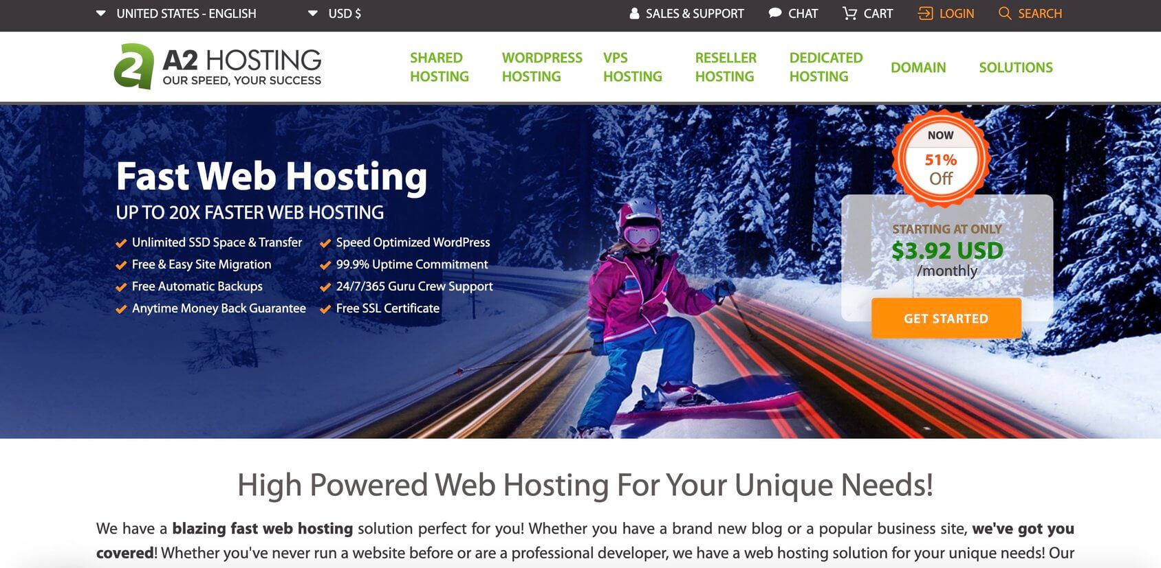A2 Hosting home page