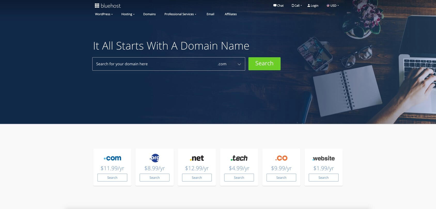 Bluehost Domain Search homepage