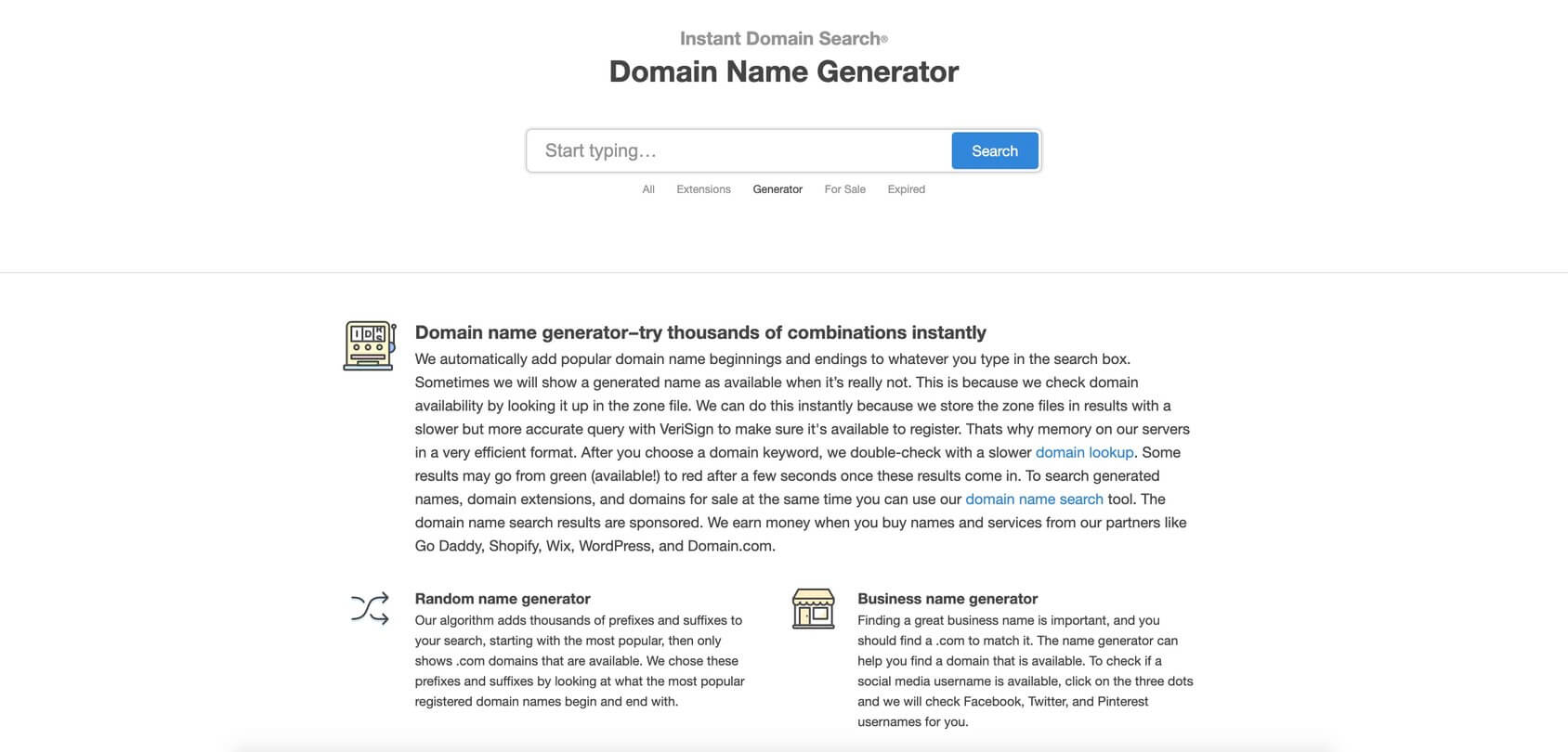 Instant Domain Search homepage