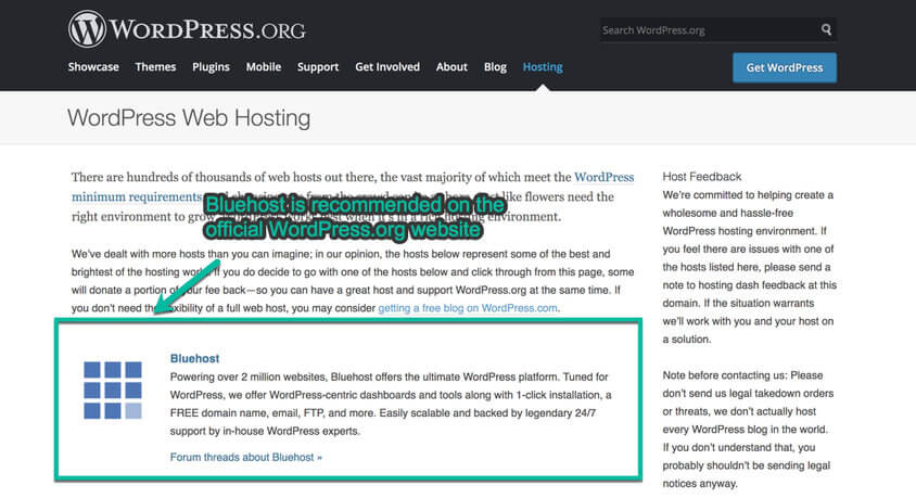Wordpress recommends Bluehost hosting